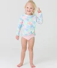 Ruffled Long Sleeve Rash Guard 2-Piece- Pastel Palms