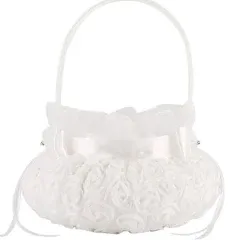 Bowknot Silk Cloth Wedding Ceremony Party Rose Flower Girl Basket (White) (White, 5 inches)