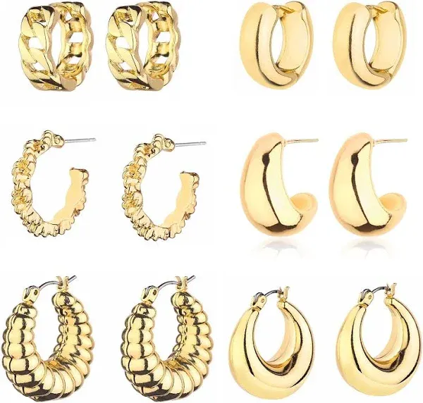 14K Gold Plated Twisted Huggie Hoop Earrings Set