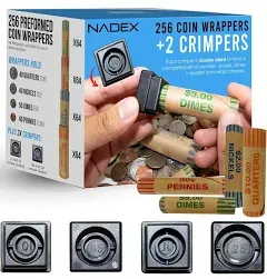 Nadex 256 Assorted Preformed Crimped End Coin Roll Wrappers with Coin Wrapper Crimping Tool, 64 Each of Nickels, Dimes, Pennies and Quarters