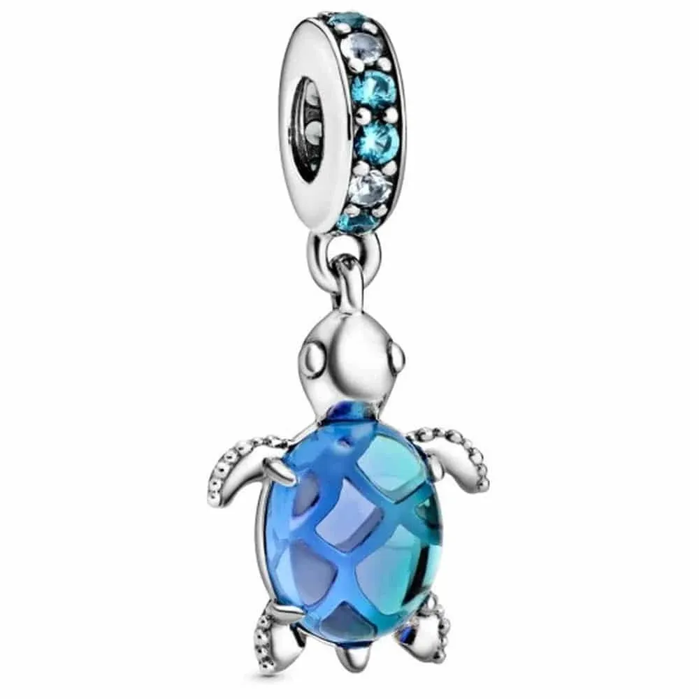 Pandora Passions Charm pendant Tortue de mer en argent sterling avec cristal vert, cristal bleu pâle et verre de Murano bleu paon