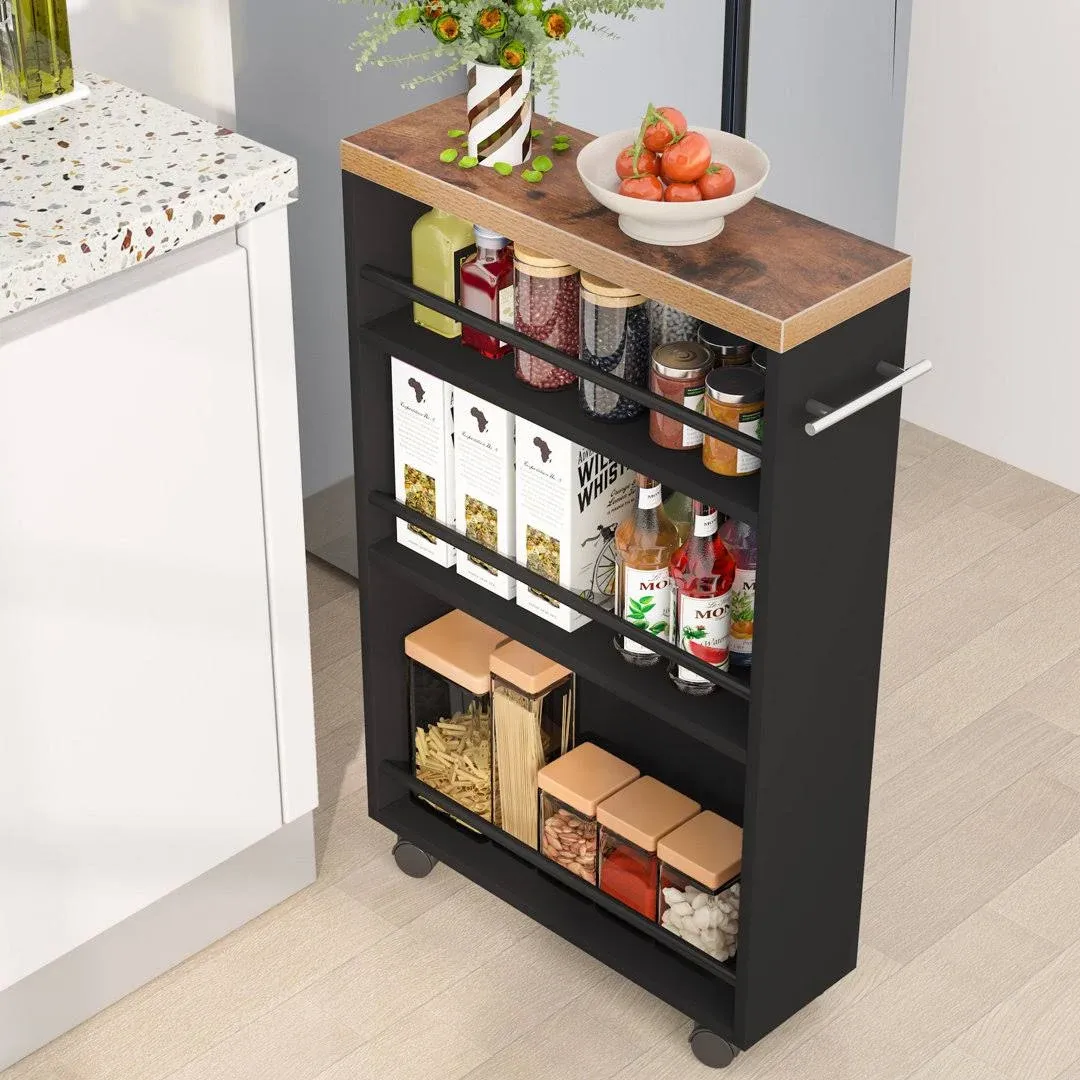 Slim Storage Cart Rolling Narrow Kitchen Cart On Wheels For Small Place 4-Tier