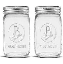 Wide Mouth Mason Jars 32 oz - (2 Pack) - Clear Glass Quart Mason Jars With Airtight Lids and Bands