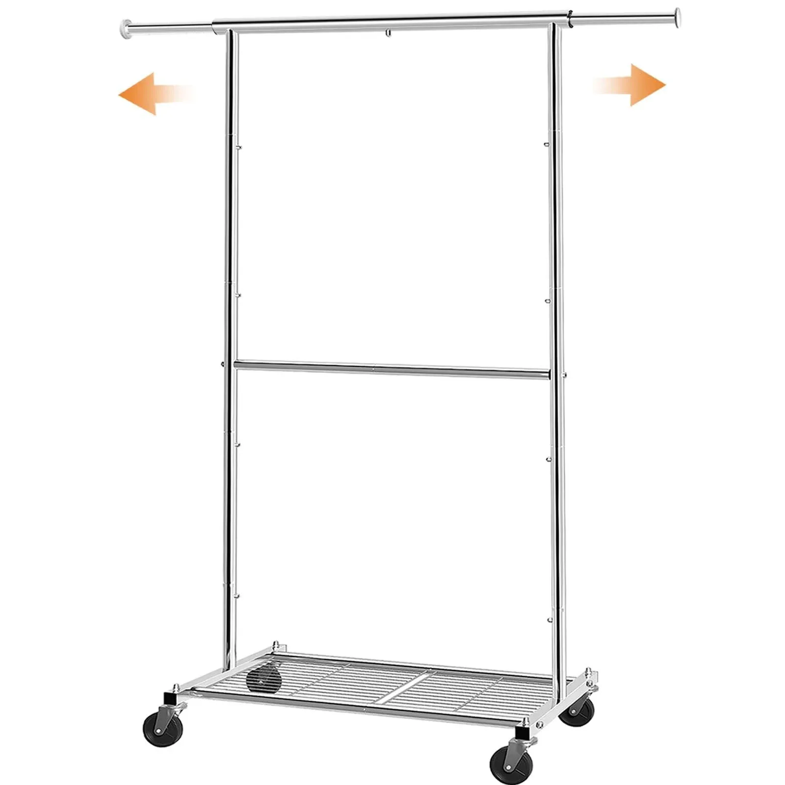 Simple Trending Standard Clothing Garment Rack, Rolling Clothes Organizer with Wheels and Bottom Shelves, Extendable, Chrome