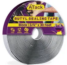 ATack Black Butyl Seal Tape 1/8-Inch x 3/4-Inch x 30-Foot Leak Proof Putty Tape for RV Repair, Window, Boat Sealing, Glass and EDPM Rubber Roof Patching