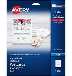 Avery(R) Printable Postcards, 4.25" x 5.5" , Textured White, 120 Blank Postcards for Inkjet and laser Printers (3380)