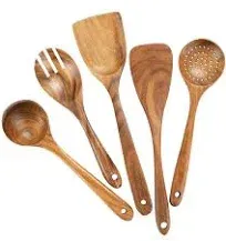 AIUHI Wooden Spoons for Cooking Teak Wooden Utensils Set Wood Spatula for Nonstick Cookware Kitchen Utensils Set 5