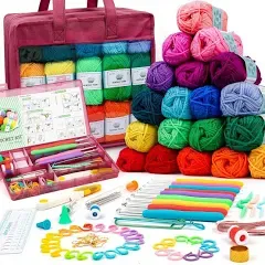 1650 Yards 30 Colors  Crochet Yarn Kit for Beginners Adults and Kids, Includes Acrylic Skeins, User Manual, Hooks, Wine Bag etc, Make Amigurumi & Projects, Starter Set Professionals