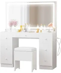 Ironck Vanity Desk with LED Lighted Mirror, Power Outlet, 7 Drawers, Makeup Vanities,