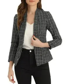 Allegra K Women's Plaid Tweed Long Sleeve Open Front Work Office Jacket