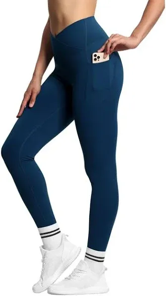 THE GYM PEOPLE Women's V Cross Waist Workout Leggings Tummy Control Running Yoga Pants with Pockets