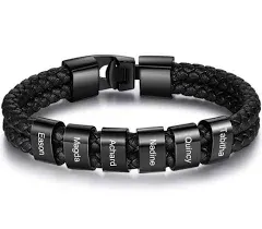 1Pc New Black Multi-layer Woven Leather Rope Stainless Steel Engraved Bracelet