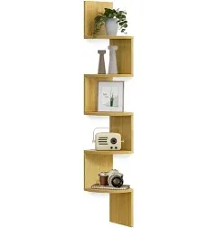  Corner Shelf Wall Mount, 5-Tier Floating Corner Bookshelf, Plant Natural Oak