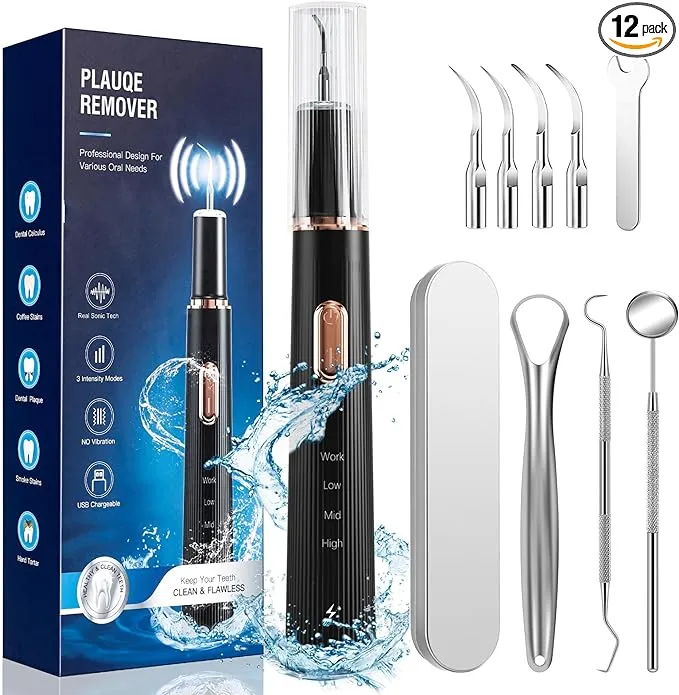 Plaque Remover for Teeth, Tartar Remover for Teeth Cleaning with 4 Replaceable Heads and 3 Adjustable Modes, Rechargeable Teeth Cleaning Plaque Remover for Home