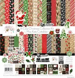 Miss Kate Cuttables Collection - A Cozy Christmas - Paper & Sticker & Die Cut Kit - 18 Double-Sided 12x12 Scrapbook Paper with 37 Designs & 1 8X12 Sticker Sheet & Over 60 Die Cuts - Scrapbooking