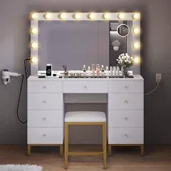 YITAHOME Vanity Desk Set with LED Lighted Mirror & Power Outlet 14 Hollywood