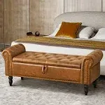 Furniliving Storage Ottoman Bench Button Tufted End of Bed Bench Storage Bench for Bedroom, Entryway, Yellowbrown