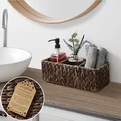 Set of 2 Storage Baskets with 3 Sections, Wicker Bathroom Organizers, Espresso