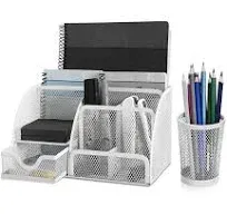 Flexzion Desk Top Caddy Organizer - White Office Desk Accessories Organizer and Storage - Metal Mesh Desk with 6 Compartments, Drawer and Pen Holder