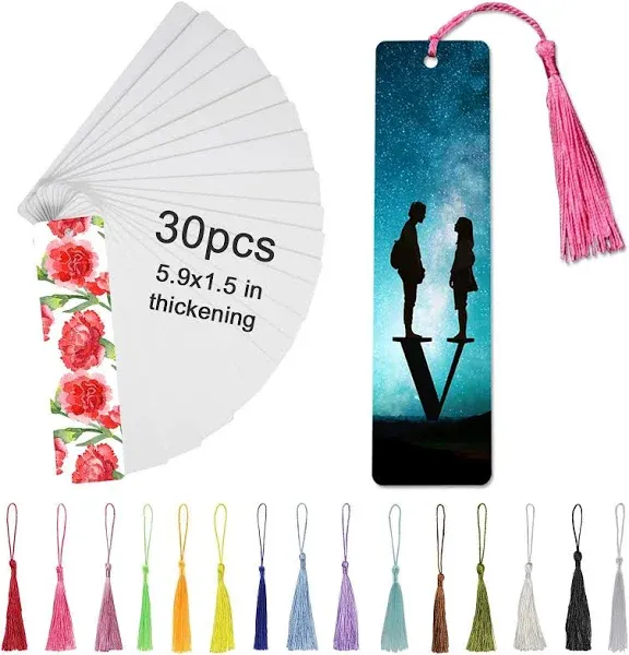 30 Pcs Sublimation Bookmark Blank 5.9"X1.5" X0.65mm Heat Transfer Aluminum Metal Bookmarks Bulk DIY Bookmarks with Hole and Colorful Tassels for Crafts,Personalized Tassels Blank Bookmarks