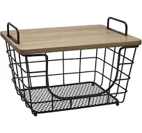 Stackable Food-Safe Rectangular Carbon Steel Fruit Basket w/ Acacia Wood Lid