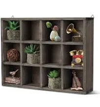 Flexzion Wooden Cubby Shelf 12-compartment Floating Hanging Wall Display Shelf Wood Rustic Brown Knick Knack Shelf