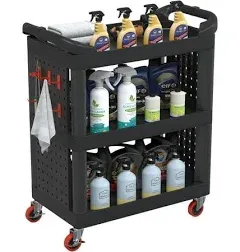 3 Tier Auto Detailing Cart with Wheels, Rolling Detail Cart with Long Hanging Plate & Hooks & Hanging Bucket, Car Wash Organizer Cart for Detailers Garage Workshop, Repair Shop, Storage Tool,Black