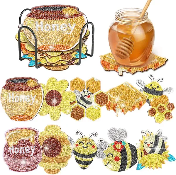 YLOLUL 10 Pcs Bee Shaped Diamond Painting Coasters Kits DIY Bee Honeycomb Diamond Painting Coasters with Holder Honey Diamond Painting Coasters for Beginners Adults and Kids Craft Supplies Gift