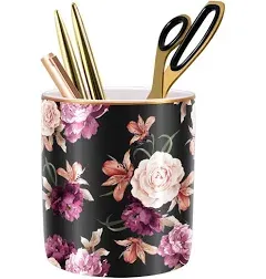 Floral Ceramic Pen Holder for Desk - Cute Makeup Brush Holder, Durable Flower De