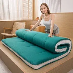 MAXYOYO Futon Mattress, Padded Japanese Floor Mattress Quilted Bed Mattress Topper, Extra Thick Folding Sleeping Pad Breathable Floor Lounger Guest Bed for Camping Couch, Turquoise, Queen