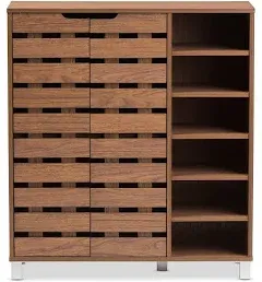 Baxton Studio Eloise Modern & Contemporary Beech Wood 2 Door Shoe Cabinet with Open Shelves Walnut