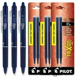 Pilot FriXion Clicker Retractable Gel Ink Pens, Eraseable, Fine Point 0.7mm, Navy Blue Ink, Pack of 3 with Bundle Packs of Refills