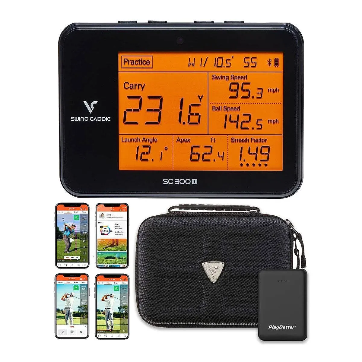 Swing Caddie SC300i by Voice Caddie Portable Launch Monitor Power Bundle | 2021 Model | with PlayBetter 5000mAh Charger & Protective Case, Men's, Size