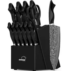 Knife Set, Amorston 15 Pieces Knife Sets for Kitchen with Block, Dishwasher Safe Kitchen Knife Set with Built in Sharpener Block, German Stainless Steel Knife Block Set, Black