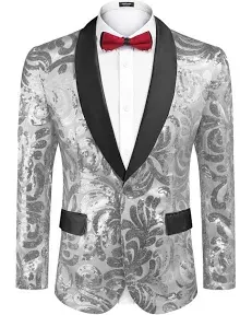 COOFANDY Men's Shiny Sequins Blazer Floral Suit Jacket Stylish Tuxedo for Party, Wedding, Banquet, Prom