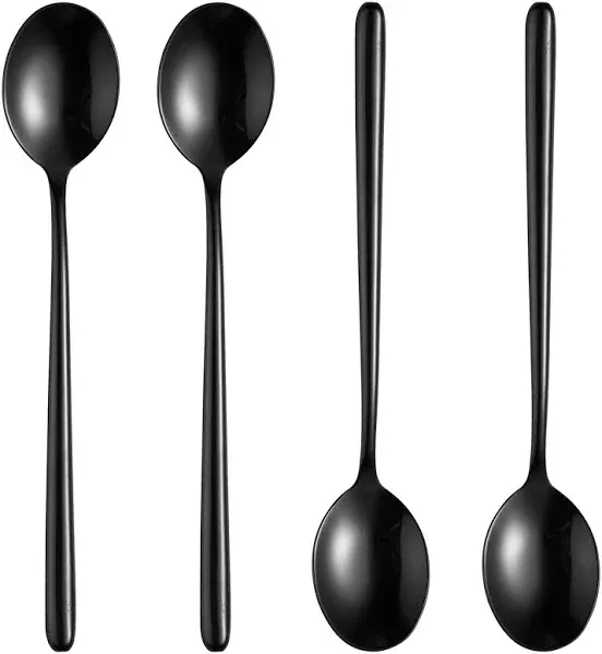 Steel Black Soup Spoon, Long handled Great Circle Spoons,Korean Long Handle Soup Spoon,4 Pieces,8.7x1.6 Inches