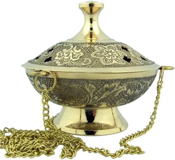 Charcoal Incense Burner Gold Tone Over Brass Hanging Censer with Chain