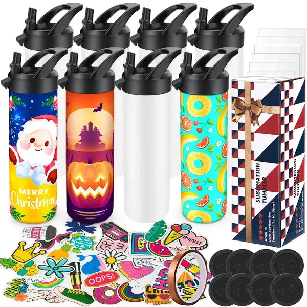 8 Pack 20oz Sublimation Tumbler Set Triple-Insulat<wbr/>ed Stainless Steel Sports W...