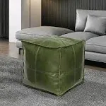 Unstuffed Pouf Ottoman Cover, Handmade Faux Leather Pouf, Green 17.7 Square,Foot