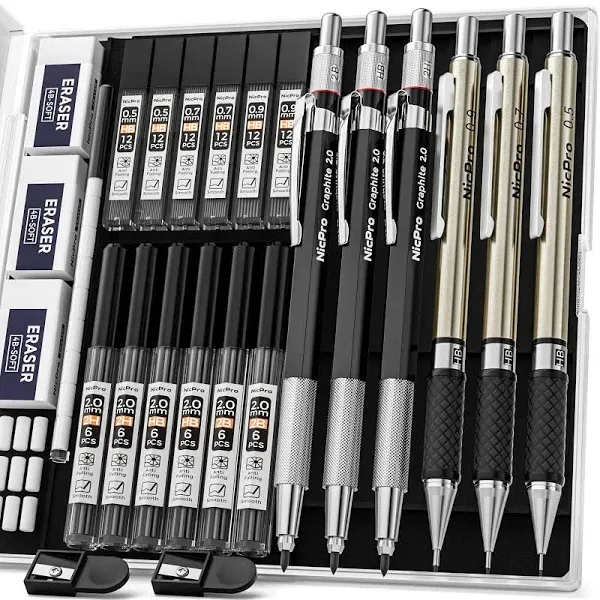 Nicpro 6PCS Art Mechanical Pencil Set, 3PCS Metal Drafting Pencil 0.5 mm & 0.7 mm & 0.9 mm & 3PCS 2mm Graphite Lead Holder (2B HB 2H) For Writing, Sketching Drawing With Lead Refills Case