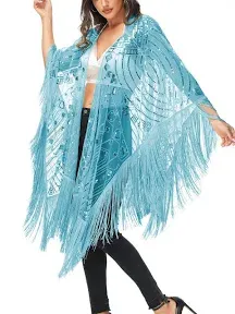 Anna-Kaci Oversize Beaded Fringed Sequin Evening Shawl