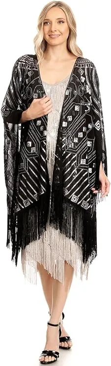 Anna-Kaci Oversize Beaded Fringed Sequin Evening Shawl