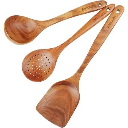 Wooden Cooking Spoon, Natural Teak Kitchen Utensil Set with Comfortable Handle.