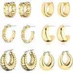 HILXURY Gold Chunky Hoop Earrings Set for Women, 14K Gold Plated Twisted Huggie Hoop Earring Hypoallergenic, Thick Open Hoops Set Lightweight