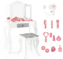 Kids Vanity, 2 in 1 Princess Makeup Desk and Stool Set with Tri-Folding Detachab