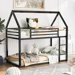 Merax Modern Twin Over Twin Junior Metal Floor Bunk Bed with Ladder House Shaped Bunk Bed Frame for Kids Boys Girls, Space-Saving, Black