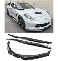 Replacement for 2014-2019 Corvette C7 All Models | Z06 Stage 2 Front Bumper Lip Splitter with Carbon Fiber Side End Caps & Side Skirts Rocker Panel Pair (ABS Plastic - Primer Black)