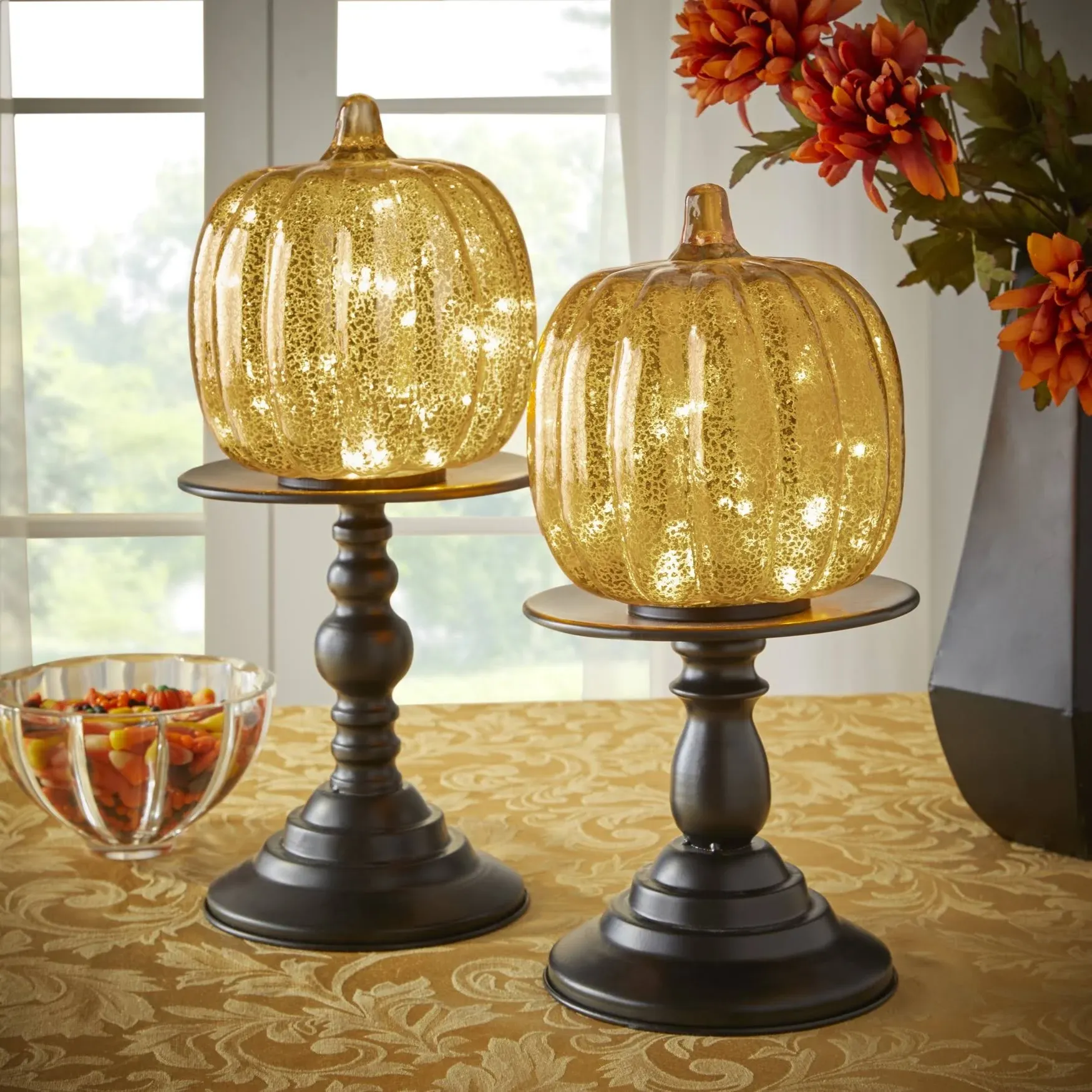 BrylaneHome 11"H x 6"Diam. Pre-Lit Glass Pumpkin On Standard - Gold