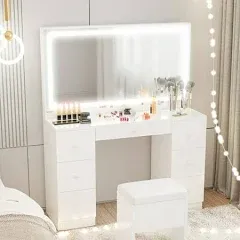 Ironck Vanity Desk Set with LED Lighted Mirror, Power Outlet, 7 Drawers, Makeup Vanities