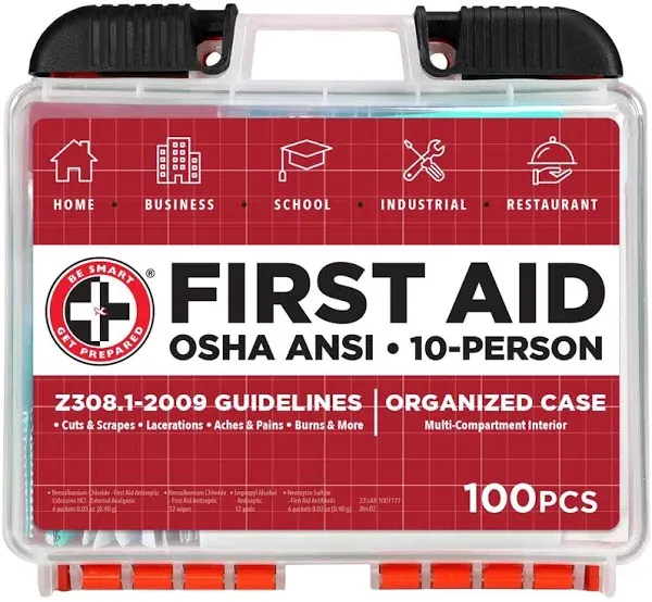 Be Smart Get Prepared 100 Piece First Aid Kit, Exceeds Osha ANSI Standards for 10 People Office, Home, Car, School, Em